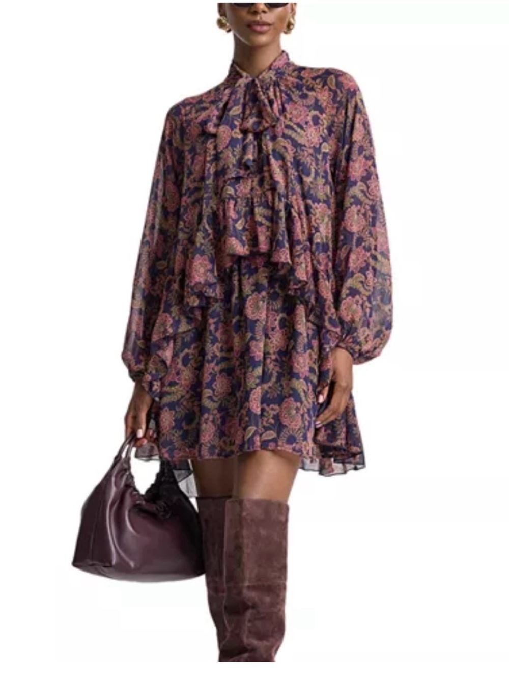 Avec Les Filles Navy Floral Ruffle Tie-Neck Mini Dress